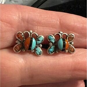 Zuni Butterfly Stud Earrings Sterling Silver Turquoise Coral